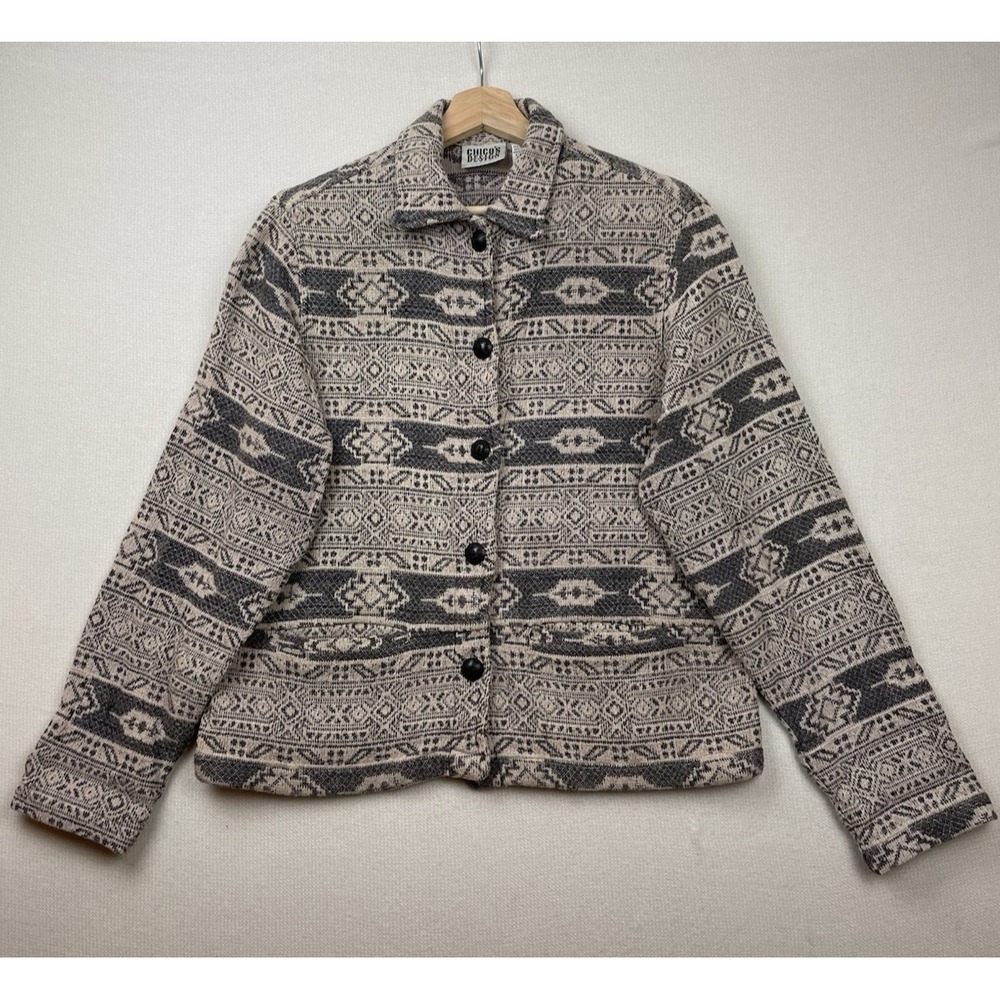 Vintage Chico's Design Jacket Women's M Black Beige Southwestern Tribal Print‎